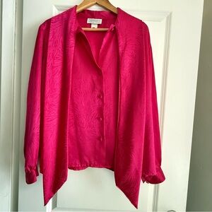 Vintage 80s fuchsia Pink Satin Button-Front Women's Blouse